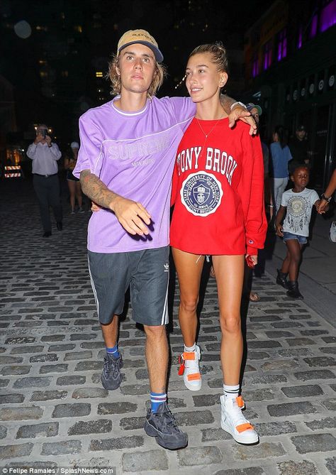 Matching: The 24-year-old Sorry singer and the model even complemented their styles as they both sported athletic looks for their cinema trip Bieber Hailey, Stony Brook University, College Sweater, New York University, Hailey Baldwin Style, Stony Brook, York University, University Sweatshirts, Hailey Baldwin