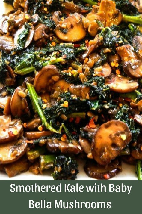 Smothered Kale with Baby Bella Mushrooms. Quick and simple healthy recipe. #vegan #healthyrecipes #healthyfood #healthyeating #kale #mushrooms Kale Mushrooms Recipes, Kale Recipes Vegetarian, Low Fodmap Kale Recipes, Recipes With Kale Healthy, Fish And Kale Recipes, Mushroom Kale Recipes, Kale And Mushroom Recipes, Fresh Kale Recipes, Spinach And Kale Recipes