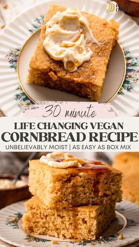 vegan cornbread stacked Stuffing Gluten Free, Vegan Cornbread Recipe, Mashed Potatoes Vegan, Sweet Cornbread Muffins, Vegan Stuffing, Fluffy Cornbread, Banana Diaries, Vegan Bread Recipes, Vegan Sweet Potato Casserole