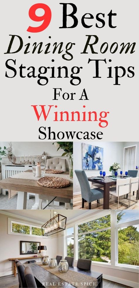 9 Best Dining Room Staging Tips For A Winning Showcase! Attract buyers and offers with these... . . #DiningRoomStaging #HomeStaging #DiningRoom #HomeStagingTips via @https://www.pinterest.com/realestatespice/_created/ Staging A Dinning Room Table, Dining Room Table Staging Ideas, Staged Dining Table, Stage Dining Room Table, Staging Kitchen Table, Dining Room Staging Ideas, How To Stage A Dining Room Table, Staged Dining Room Table, Setting A Table For Staging