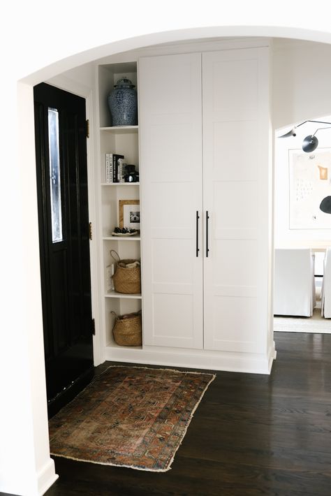 Our Ikea Pax Entry & Coat Closet - Danielle Moss Ikea Coat Closet, Coat Closet Ideas, Coat Cupboard, Front Hall Closet, Entry Cabinet, Pax Closet, Ikea Entryway, Mudroom Closet, Entry Storage