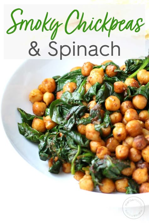 Vegan Smoky Chickpeas with Spinach is a healthy, budget-friendly meal that’s full of flavor, packed with protein and perfect for an easy vegetarian meal! #veganrecipes #spinach Garbanzo Bean And Spinach Recipes, Wfpb Spinach Recipes, Spinach With Chickpeas, Chickpeas With Spinach, Spinach And Chickpea Recipes, Spinach Chickpea Recipes, Spinach Chickpea Salad, Spinach Lunch Ideas, Healthy Recipes With Spinach