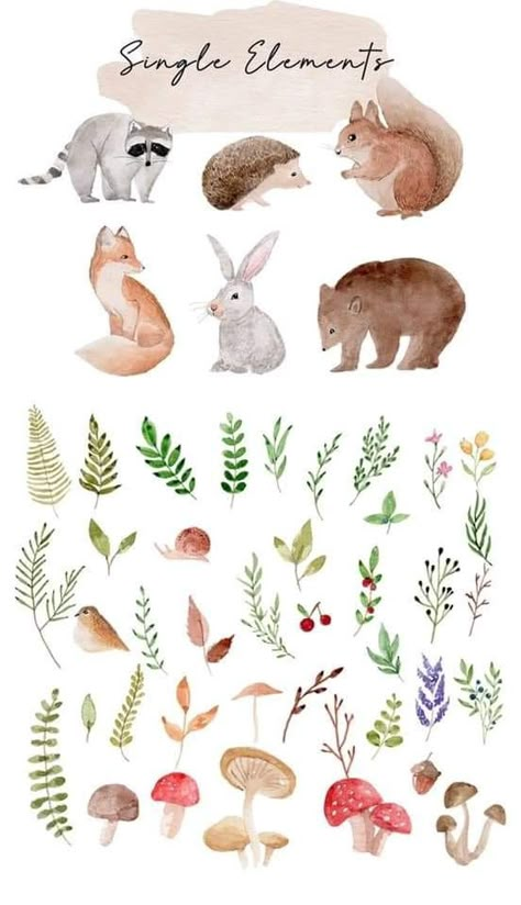 Woodland Watercolor Nursery Art, Cute Woodland Creatures, Woodland Creatures Painting, Small Animal Watercolor, Watercolour Woodland Animals, Woodland Creature Illustration, Watercolor Art For Nursery, Whimsical Woodland Art, Woodland Watercolor Painting