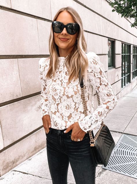 Fashion Jackson Wearing Long Sleeve White Lace Top Black Skinny Jeans, white lace top Lace Top Outfit White, Lace Top Outfit, Celine Belt, Sunglasses Celine, Celine Belt Bag, Handbags Mini, Casual Summer Outfits For Women, Top And Jeans, Celine Handbags