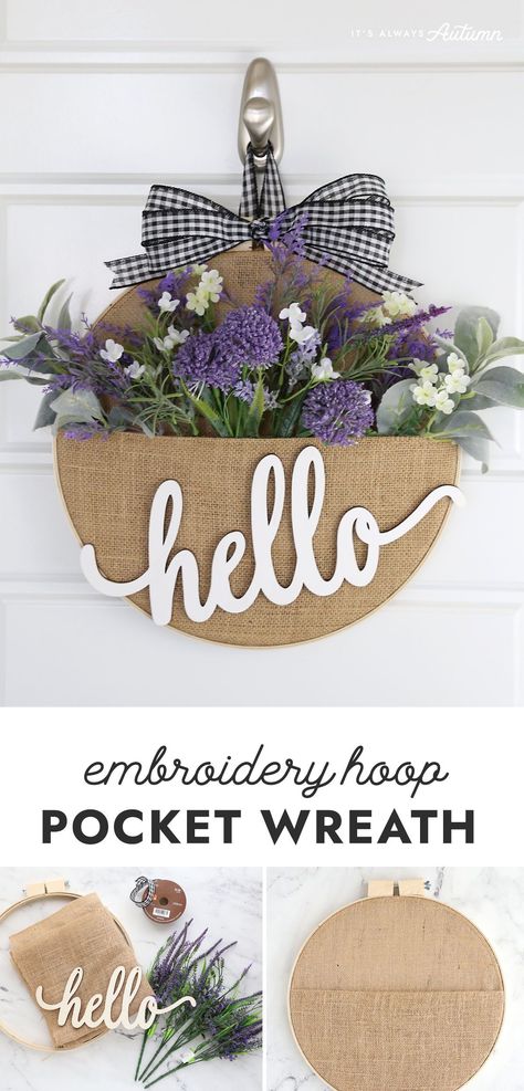 Easy Vendor Crafts, Embroidery Hoop Pocket Wreath, Diy Wreath Burlap, Craft With Embroidery Hoop, Crafts With Embroidery Hoops Ideas, No Sew Crafts For Adults, Non Wreath Front Door Decor, Diy All Season Wreath, April Craft Ideas For Adults