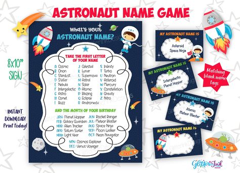 Rocket Party, Outer Space Party, Name Game, Foldable Card, Party Names, Astronaut Space, Name Games, A4 Sheet, Name Generator