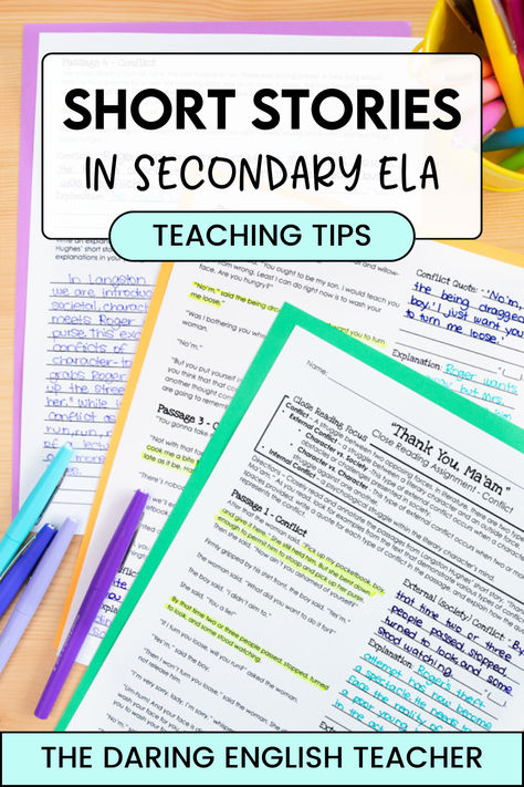 Learn four compelling reasons why short stories are the best way to kick off your school year. Enhance literary analysis, adapt to roster changes, and integrate writing seamlessly. Ideal for secondary ELA teachers! #ELATeachers #ShortStories #TeachingTips  Short stories to teach at the start of the school year | Teaching short stories in middle school | Teaching short stories in high school | high school short story activities | high school short story lessons | short story unit First Chapter Friday High School, High School Short Stories, Ela Activities Middle School, Teaching Short Stories, Secondary Ela Classroom, High School Books, Middle School Teaching, English Ideas, Teaching High School English