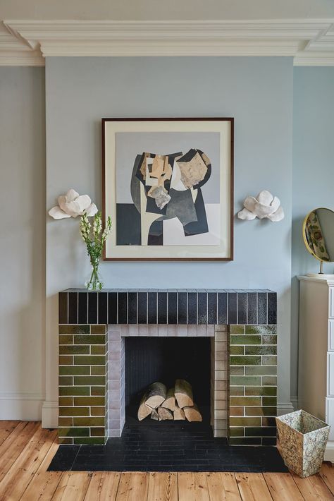 How to make the most of a fireplace in London, according to interior designers | Evening Standard Modern Victorian Fireplace, Wood Floor Living Room, Glazed Brick Tiles, Fireplace Hearth Tiles, Black Hearth, Deco Fireplace, Hearth Tiles, Art Deco Fireplace, Living Room Wood Floor