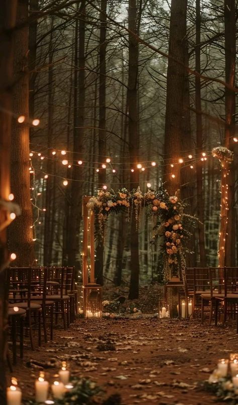 Dark Wedding Aesthetic Outside, Boho Chic Forest Wedding, Wedding Twilight Theme, Dark Forest Theme Wedding, Outdoor Dark Wedding, Cheap Forest Wedding, Wedding Twilight Inspired, Dark Wedding Vibes, Dark Woods Wedding