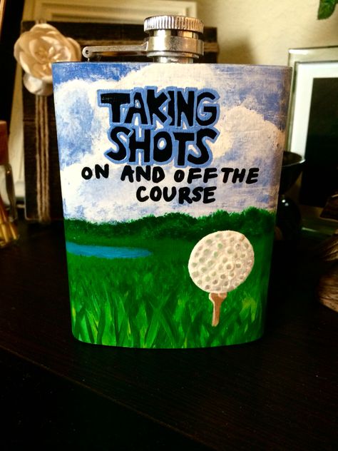 Taking shots on and off the course, golf, painting, flask by Allison Williams Painted Flask, Diy Golf, Formal Cooler Ideas, Golf Crafts, Golf Painting, Golf Birthday Gifts, Golf Ball Crafts, Golf Diy, Frat Coolers