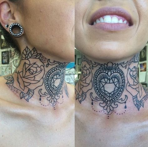 Thee most beautiful throat/neck tattoo I've ever seen  want!!! artist ig: @candeeo Women’s Front Neck Tattoo, Victorian Throat Tattoo, Mandala Neck Tattoos Women, Neck Tattoos Feminine, Diamond Throat Tattoo, Flower Throat Tattoos Women, Line Work Neck Tattoo, Female Front Neck Tattoo Ideas, Front Neck Tattoos Women Simple