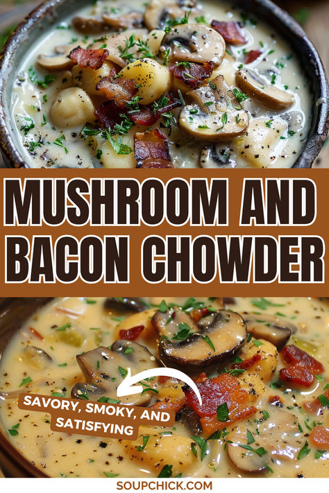 Mushroom And Bacon Chowder Bacon Mushroom Recipes, Mushroom Bacon Soup, Bacon Mushroom Swiss Cheeseburger Soup, Bacon Flavors, Soup Bacon, Bacon Soup Recipes, Bacon Chowder, Eat For Health, Mushroom Bacon