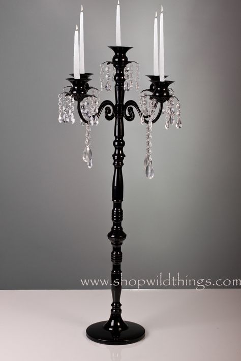 Tall black candelabras for the head table The shorter ones in a similar style will be used on half of the guest tables Men Centerpieces, Black Candelabra Centerpiece, Gothic Wedding Party, Pillar Candle Centerpieces, Black Candelabra, Curtains Door, Candelabra Centerpiece, Masquerade Theme, Door Beads