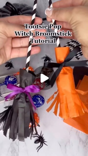 Dipped Tampa, Witches Broomsticks, Tootsie Pop, Paper Black, Witch Broom, Halloween Food For Party, Halloween Food, Purple Ribbon, Paper Straws