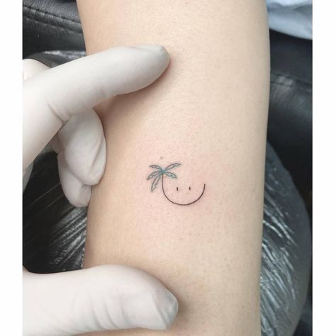 Minimalistic style palm tree smiley tattoo located on Coconut Tree Tattoo Minimalist, Coconut Tattoo Minimalist, Coconut Tattoo, Smiley Tattoo, Vietnam Tattoo, Tiny Tats, Palm Tree Tattoo, Minimalistic Style, Face Tattoo