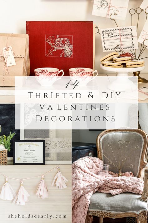 Check out these 14 thrifted and DIY Valentine Decorations for some elegant, vintage ideas this year in your home. High End Valentines Decor, Valentine Store Decor, Nordic Valentines Decor, Mid Century Modern Valentines Decor, Moody Valentines Decor, Rustic Valentine Decor Diy, Thrifted Valentines Gift, Valentines Day Antique Booth Display, Classic Valentines Day Decor