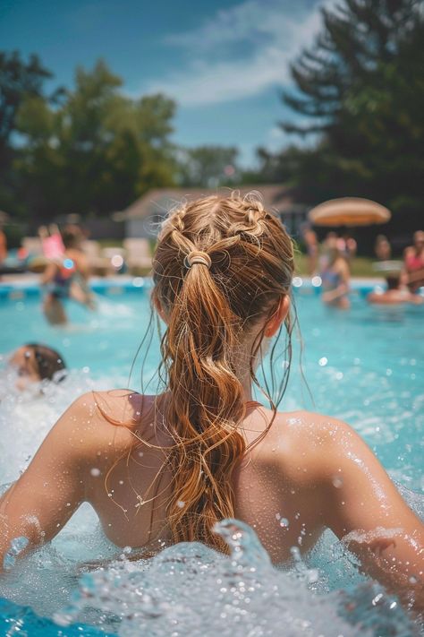 These 16 Pool Hairstyles Will Make A Serious Splash This Summer Cute Hairstyles For Pool Parties, Pool Day Hairstyles Long Hair, Lake Day Hairstyles Long Hair, Waterpark Hair, Hairstyle For Water Park, Hairstyles For Swimming Pools, Pool Hair Styles, Summer Pool Hairstyles, Water Park Hair