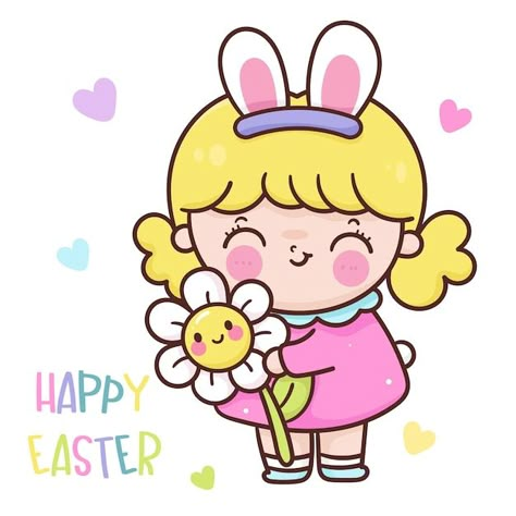 Vector bunny girl holding flower for eas... | Premium Vector #Freepik #vector #easter #easter-day #egg-hunt #easter-holiday Ice Cream Kawaii, Basic Drawing For Kids, Easter Cartoons, Easter Drawings, Lion Drawing, Illustration Art Kids, Cute Easy Doodles, Basic Drawing