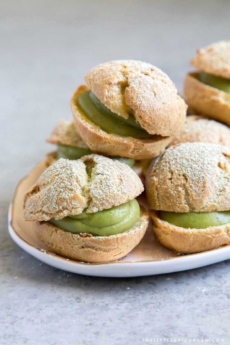 Matcha Cream Puffs - The Little Epicurean Matcha Filling Recipe, Matcha Pastries, Matcha Cream Puff, Matcha Cream, Matcha Desserts, Choux Cream, Matcha Green Tea Recipes, Matcha Dessert, Cream Puff Recipe