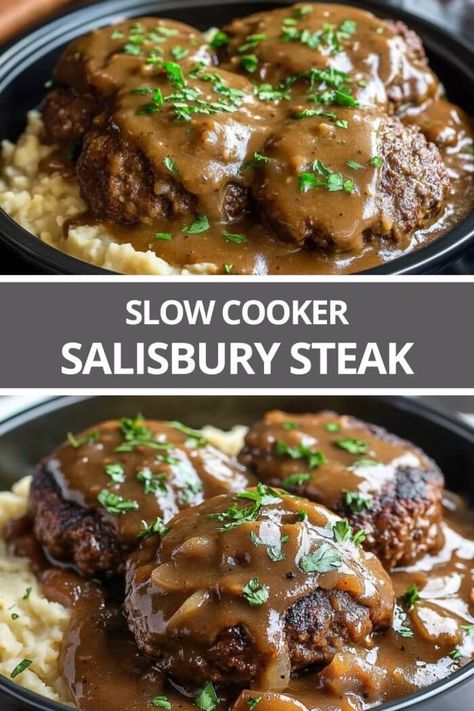 Slow Cooker Salisbury Steak Crock Pot Salisbury Steak Slow Cooker, Salbery Steak Recipe Crockpot, Salisbury Steak Crockpot Recipe, Smothered Salisbury Steak, Slow Cooker Salisbury Steak By 12 Tomatoes, Easy Dinner Recipes With Ground Beef Slow Cooker, Salsbury Steak Insta Pot, Slow Cooker Salisbury Steak Recipe, Crock Pot Salsberry Steak Easy