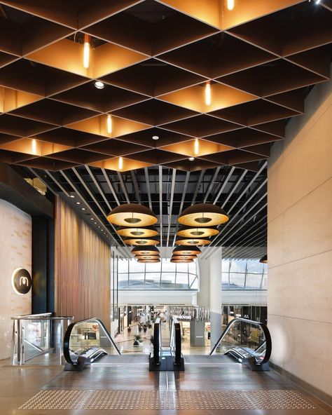 Electrolight — Chadstone Dining Terrace and Food Central Mission Style Lighting, Industrial Lighting Design, Ceilings Design, Hotel Lobby Design, Gallery Lighting, Food Gallery, Ceiling Design Modern, Lobby Interior, Lobby Design