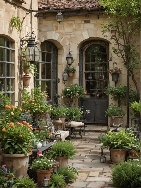 50 Vintage Patio Inspirations for a Timeless Backyard Look - Peak Patio Life Tuscan Porch Ideas, California Patio Ideas Backyards, Front Courtyard Ideas Entryway French, English Garden Patio Ideas, Tuscany Inspired Backyard, French Inspired Patio, French Outdoor Furniture, Patios Aesthetic, European Patio Ideas