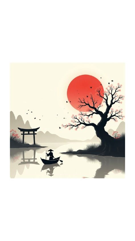 This image is a digital drawing with a minimalist, monochromatic aesthetic. It depicts a serene, traditional Japanese landscape scene with a prominent red sun, symbolizing the country's cultural iconography. The sun is depicted as a large, glowing red circle in the upper right quadrant, casting its light across the scene. In the foreground, a large, gnarled tree with bare branches extends from the right side, adorned with several red cherry blossoms and birds perched on its branches. Below the tree, a traditional boat is gently gliding across a tranquil river, occupied by a single figure dressed in a traditional outfit and wearing a wide-brimmed hat, who is rowing with a single oar. On the left side, a traditional torii gate stands in front of a cluster of misty mountains. Japanese Tree Drawing, Torii Gate Drawing, Japanese Landscape Drawing, Tori Gate, Gnarled Tree, Monochromatic Aesthetic, Red Cherry Blossom, Japanese Tree, Traditional Boats