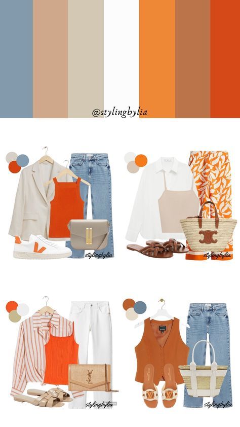 Coral And Blue Outfit, Cream And Orange Outfit, Orange Outfit Ideas Casual, Bright Spring Outfit Ideas, Bright Colors Outfit Ideas, Orange And White Outfits, Bright Orange Outfit, Blue And Orange Outfit, Orange And Blue Outfit