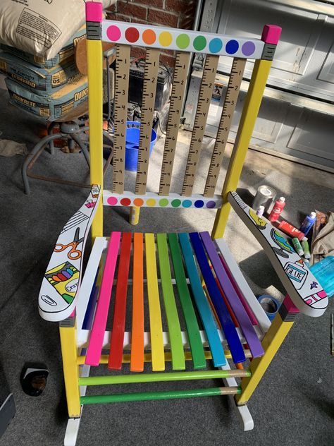 Teacher Rocking Chair Painted Rainbow, Rocking Chair Teacher, Classroom Rocking Chair Diy, Classroom Rocking Chair Teachers, Teacher Painted Rocking Chair, Teacher Painted Chair, Teacher Chair Ideas, Teacher Rocking Chair Painted Diy, Teacher Chairs For Classroom