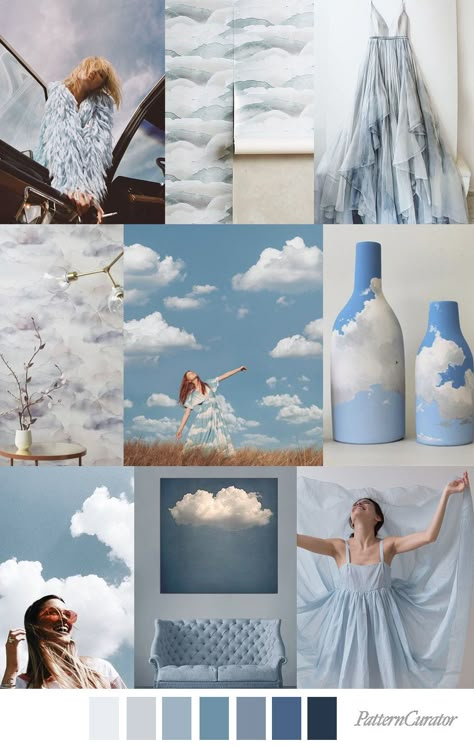 SKY HIGH - color, print & pattern trend inspiration for Spring / Summer 2019 by Pattern Curator.Pattern Curator is a trend service for color, print and pattern inspiration. Mood Board Fashion Inspiration, Pattern Curator, Color Trends Fashion, Mood And Tone, Color Board, Print And Pattern, Mood Board Inspiration, Fashion Portfolio, Board Inspiration