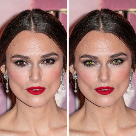 What 20 Brown-Eyed Celebs Would Look Like With Green Eyes Green Eye Celebrities, White Eyeshadow Brown Eyes, Keira Knightley Eyes, Best Makeup Looks For Green Eyes, Green Eyes Vs Blue Eyes, Green Eyes Dark Brown Hair, Brown Eye Celebrities, Best Brown Hair For Green Eyes, Hazel Eyes And Hair Color