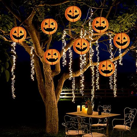 Halloween Night Decorations, Cafe Halloween Decorations, Halloween Cafe Decor, Cuddle Season, Paper Lantern String Lights, Spooky Ideas, Photo Halloween, Paper Lantern Lights, Large Pumpkins