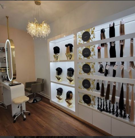 Hair Business Office, Upscale Hair Salon Decor Ideas, Boujee Hair Salon, Hair Extension Room Ideas, Hair Studio Ideas Small Spaces Luxe, Black Owned Beauty Supply Store Design, Wig Boutique Ideas, Hair Boutique Ideas Decoration, Wig Shelf Ideas