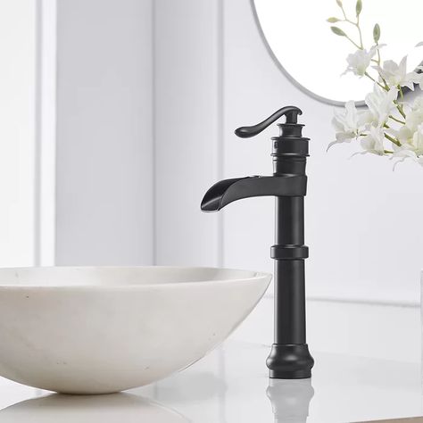 VIBRANTBATH Vessel Sink Bathroom Faucet with Drain Assembly & Reviews | Wayfair Black Waterfall Faucet, Waterfall Faucet Bathroom, Bathroom Faucets Black, Black White Bathroom, Modern Basin, Nickel Bathroom, Waterfall Bathroom, Bathroom Faucets Waterfall, Black Faucet