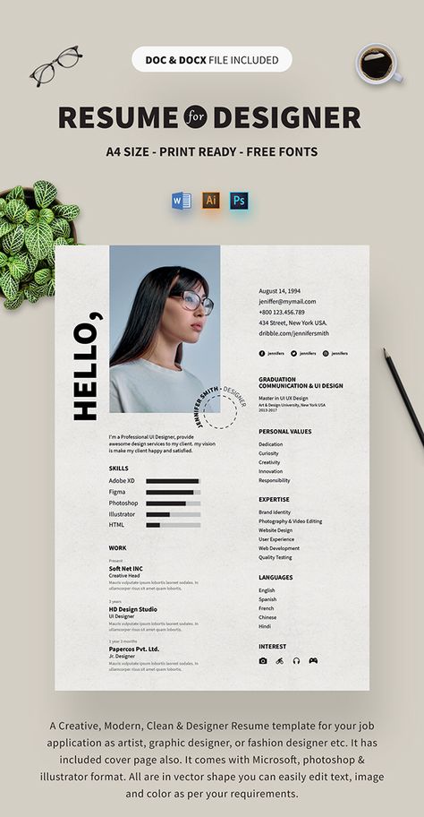 Resume Design With Photo, Resume Template Graphic Design, Graphic Designers Resume, Illustrator Resume Design, Resume With Photo, Cv Design Graphic Designer, Ux Design Resume, Resume Photo Ideas, Cv Photo Ideas