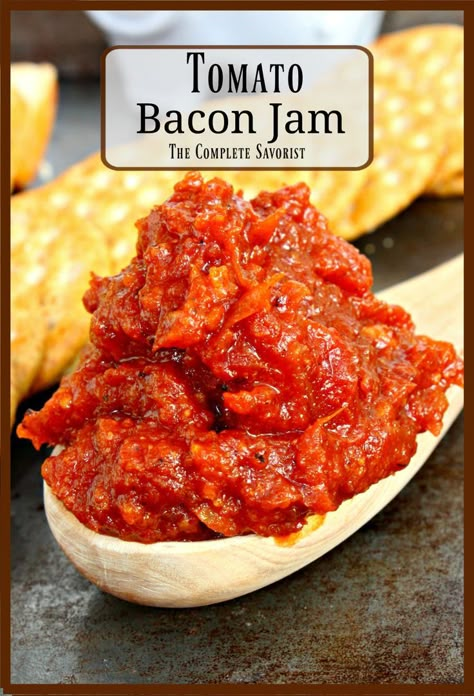 Tomato Bacon Jam is tangy and sweet, and oh so bacon-y, a jam unlike any jam you’ve ever had. Great with cheese, crackers, or basically eating right out of the jar. #jam #tomatojam #baconjam #tomatobaconjam #bacon #tomatoes #homemadejam #savoryjam #glutenfree Tomato Bacon Jam, Bacon Tomato Jam, Bacon Onion Jam, Bacon Jam Recipe, Tomato Jam Recipe, Savory Jam, Tomato Recipe, Cheese Appetizer, Tomato Jam