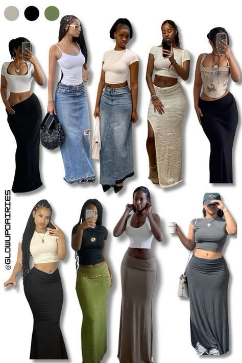 Y2k With Skirt, Grey Maxi Skirt Outfit Black Women, Baddie Long Skirt Outfits, Street Skirt Outfits, Women Y2k Outfits, Outfits For Long Skirts, Crop Top Over Dress Outfits, Maxi Skirt And Corset Outfit, Blouse Corset Outfit