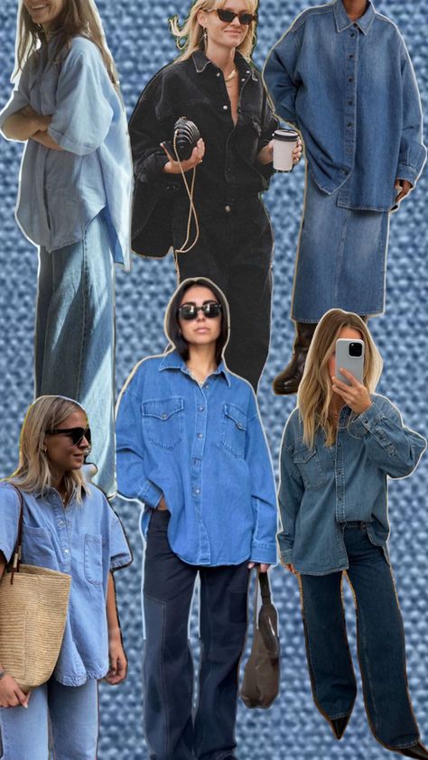 Denim tuxedo outfits Baggy Denim Shirt Outfit, Texas Street Style, Button Down Casual Outfit, Button Down Shirt Outfit Winter, Denim Shirt Fall Outfit, 2024 Denim, Jean On Jean Outfit, Jean Shirts Women Outfits, Jean Button Up Shirt Outfit