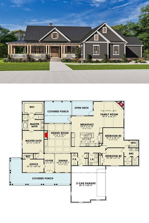 Single-Story Country Style 3-Bedroom Farmhouse with Wraparound Porch and Jack & Jill Bathroom (Floor Plan) Single Story House With Wraparound Porch, Wrap Around Porch 1 Story, Wraparound Porch Farmhouse One Story, Ranch Farmhouse Floor Plans, House Plans One Story 5 Bedroom, Big Porch House, Farmhouse Plans With Wrap Around Porch, Ranch House With Wrap Around Porch, Closed Concept House Plans