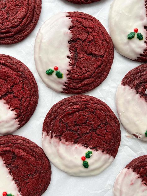 Red Velvet Pan-Banging Cookies | Sarah Kieffer White Chocolate Red Velvet Cookies, Red Velvet Mini Desserts, Pioneer Woman Red Velvet Cookies, Red Velvet Cookies Christmas, Red Velvet Cookies With Cream Cheese Filling, Christmas Red Velvet Cookies, Red Velvet Peppermint Cookies, Red Velvet Cookies Recipe From Scratch, Red Velvet Kiss Cookies