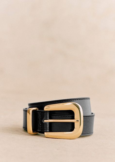 Oria Belt - Smooth Black - Bovine leather - Sézane Black Leather Belt, Brass Buckle, Parisian Style, Smooth Leather, Leather Belt, Gold Finish, Belt Buckles, Black Leather, Buckle