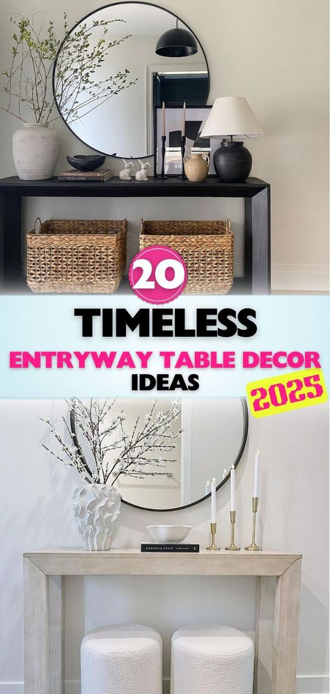 Get the best 2025 entryway table decor ideas to enhance your space. Classic designs meet modern elegance for a perfect first impression. Table At End Of Hallway, Minimalist Entry Table Decor, Minimalist Entryway Table, Entryway Console Table Decorating Modern, Front Door Table Entryway, Table Console Decor Ideas, Small Table Entryway, How To Style Entryway Table, Small Console Table Decor