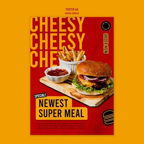 Grunge burger poster template | Free Psd #Freepik #freepsd #hamburger-fast-food #food-hamburger #burger-fast-food #hamburger Food Banner Design, Burger Poster, Culinary Food, Poster Food, Burger Food, Food Promotion, Restaurant Poster, Poster Template Free, Food Template