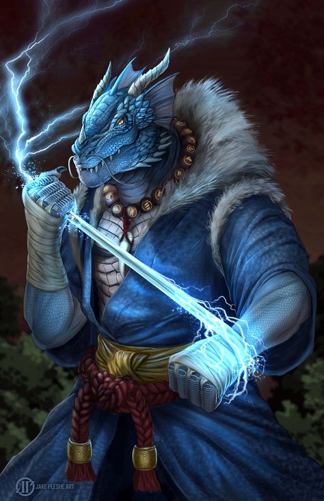 Lightning Dragonborn, Blue Dragonborn Dnd, Ascendant Dragon Monk, Dnd Monk Character Design, Dnd 5e Monk, Dragonborn Art, Dragon Monk, Dnd Monk, Monk Dnd