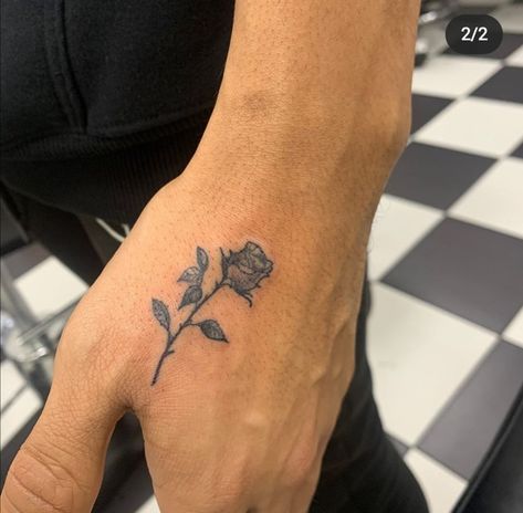 Flower On Hand Tattoo Men, Small Rose Tattoo Men Hand, Small Hands Tattoo, Flower Hand Tattoo Men, Red Fineline Tattoo, Side Of The Hand Tattoos, Rose Tattoo Men Hand, Small Rose Tattoo Men, Men’s Rose Tattoo