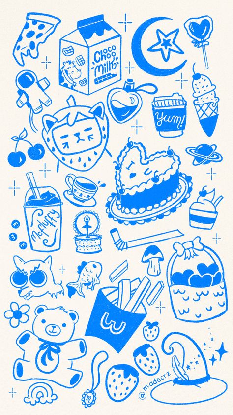 Free Doodle Wallpaper of cute stuff 🎀🐻 #phone #wallpaper #aesthetic #doodle Silly Doodle Wallpaper, Cute Doodles Blue, Cute Collage Drawing, Tattoo Doodles Aesthetic, Doodle Phone Wallpaper, Cute Doodles To Fill Space, Cute Doodles Aesthetic Wallpaper, Cute Sticker Doodles, Animal Doodles Aesthetic