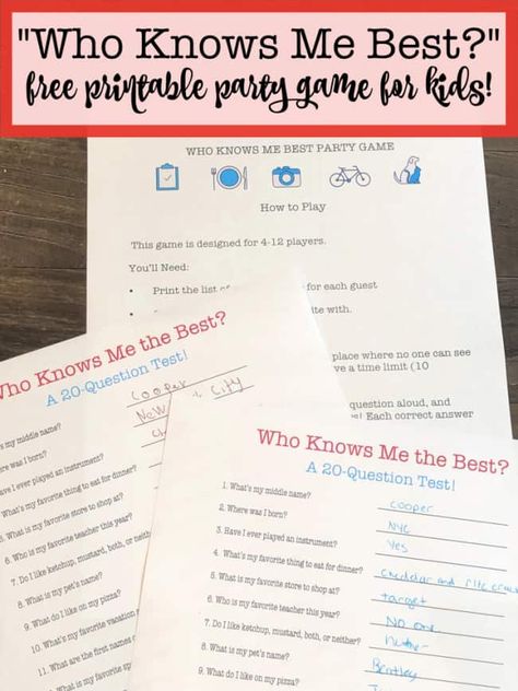 This fun and free printable party game for kids is perfect for kids birthday parties! Everyone thinks that they know the birthday boy or girl best- but this "Who Knows Me Best?" game will show you just how much they know or don't know!  #WhoKnowsMeBest #PartyGamesForKids #PrintablePartyGame #KidsBirthdayParties Easy Kids Party Games, Birthday Parties At Home, Kids Birthday Party Games, Easy Kids Party, Birthday Quiz, Who Knows Me Best, Home Birthday Party, Games Birthday Party, Party Games Birthday