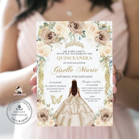 Champagne Roses, Invitations Quinceanera, Butterflies Vintage, Champagne Flowers, Birthday Invitations Diy, 16th Birthday Invitations, Pretty Watercolor, Glitter Crown, Gown Princess