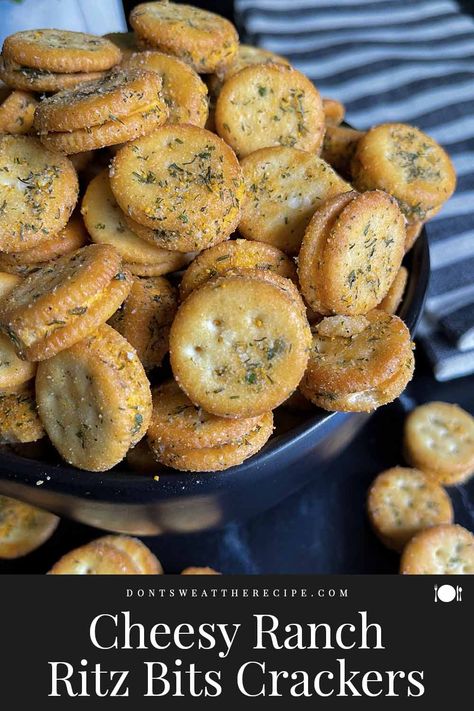 Cheesy Ranch Ritz Bits Crackers are the perfect snack for game days, barbecues, gatherings, parties, or movie nights at home! A poppable treat anytime! Cheesy Ranch Ritz Crackers, Cheesy Ranch Ritz Bits, Ritz Ranch Crackers, Ritz Bitz Cheese Crackers, Ritz Bits Snacks, Cheesy Ranch Crackers, Ritz Cheese Cracker Recipes, Snack Mix With Ritz Bits, Ritz Bits Ranch Crackers