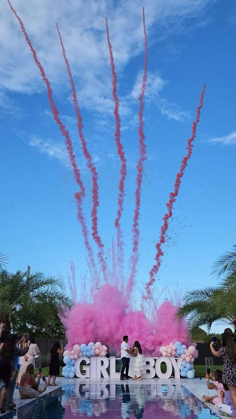 Gender Reveal Ideas Cannon, Gender Reveal Rocket, Reveal Ideas Gender Creative, Boujee Gender Reveal Party, Boujee Gender Reveal Ideas, Gender Reveal Outside Ideas, Dream Gender Reveal Party, Gender Reveal Mama Outfit, Baddie Gender Reveal